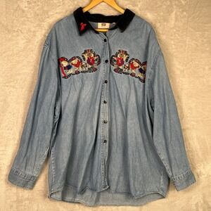Vintage Women's Christmas Teddy Bear Denim Shirt 26W 4X Grandma 90s Teacher Plus